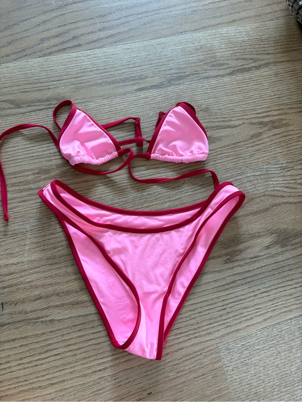 Frankie's Bikinis Pink with Red Trim Triangle Bikini Set